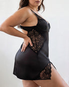 Plus Size Satin Lace Chemise Deep V-Neck Slip Dress