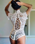Floral Lace Bodysuit Lingerie with Crisscross Lace-Up Open Back